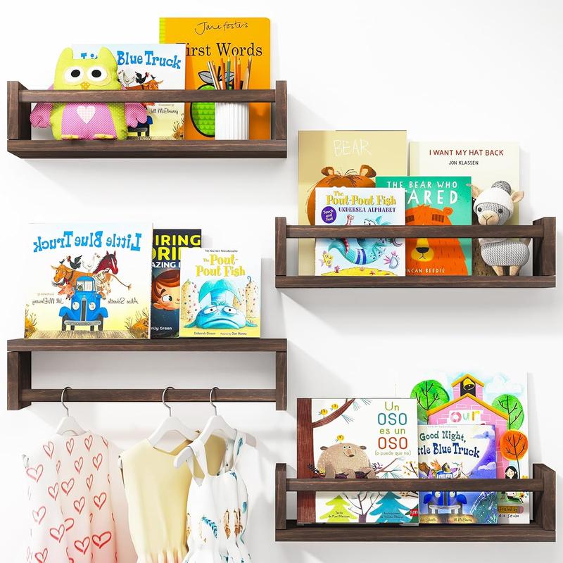 Nursery Book Shelves, 16.5 Inch Floating Bookshelves for Nursery Decor & Playroom Decor, Set of 4, Solid Wood Wall Mounted Shelves for Books, Toys and Decor Storage (Brown)