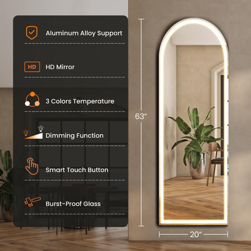 Full body floor mirror, 3-color LED full body mirror, wall mounted floor mirror, bedroom and dressing room dimming, and tri color lighting