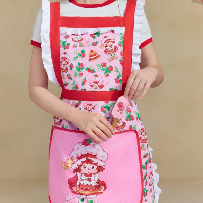 Strawberry Shortcake Cute Cartoon Character & Strawberry Pattern Contrast Ruffle Trim Apron,Kitchen,Bathroom,Home,Household Suppliers