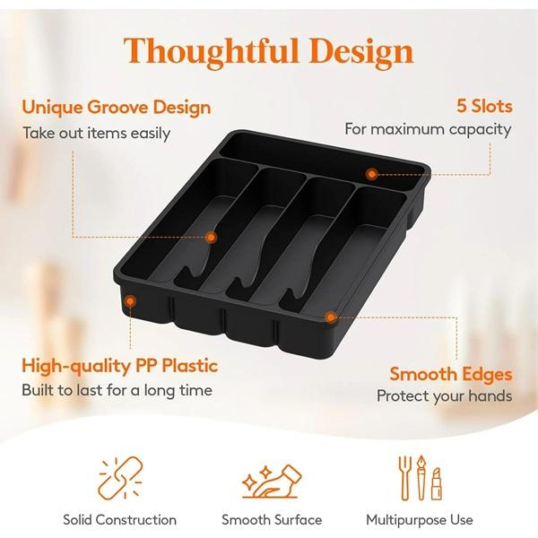 Plastic Cutlery Storage for Kitchen Drawer - Silverware Drawer Organizer Tray - 5 Compartment - Black