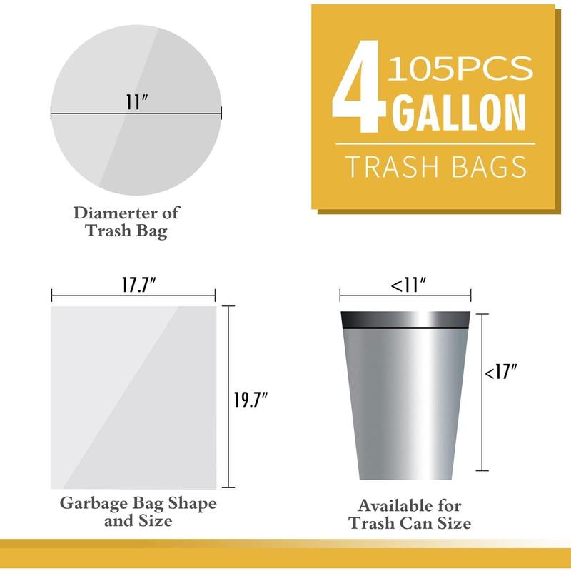 105 Count Small Trash Bags, 4 Gallon Garbage Can Liners - Unscented Wastebasket Trash Bags for Bathroom, Kitchen, Bedroom, (15 Liter)