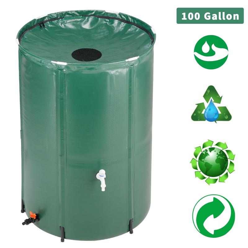 100 Gallon Green Folding Rain Barrel Water Collector with Zippered Mesh Cover