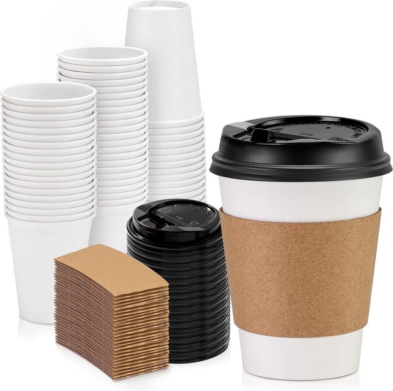 50 Pack 12 oz Disposable Coffee Cups with Lids, Sleeves and Stirrers,   Coffee Cups with Lids, Durable Thickened Hot White Paper Cup for Cold Hot Beverage Chocolate Cocoa