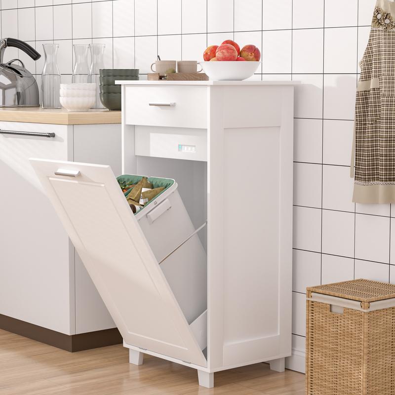 VECELO Tilt Out Trash Bin Cabinet with Drawer, Wooden with Negative Ion and Deodorizing Function Kitchen Hidden Garbage Recycling