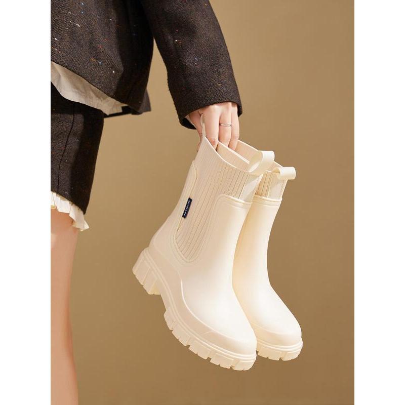 Women's Solid Color Waterproof Rain Boots, Fall 2024 New Style Fashionable Round Toe Boots for Outdoor Footwear, Non-slip Rain Boots for Women Shoes botas para el trabajo contra el agua red rain boots