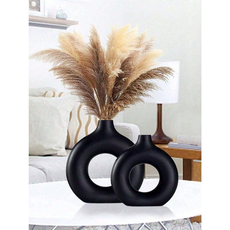 1pc Black Plastic Circular Flower Vase Decoration, Simulated Dry Flower Decoration Vase, Artistic Vase For Floral Arrangements, Simple Fall Living Room Exhibition Hall Decoration,Home Decor,Flower Vase,Centerpiece,Table Decor