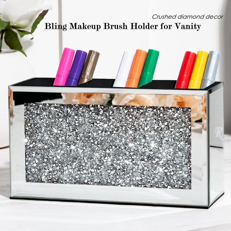 Mirrored Makeup Brush Holder Organizer, 3 Slot Glass Cosmetics Brushes Storage Holders with Crystal Crushed Diamond, Cute Pen and Pencil Holder for Desk, Eyeliners Display Case for Vanity Boxes