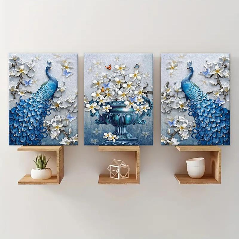 Wooden Framed Canvas Painting, 3 Counts set Peacock Pattern Wall Art, Modern Art, Perfect Living Room Decor, Home Decoration Poster, Room Mural, Office Poster