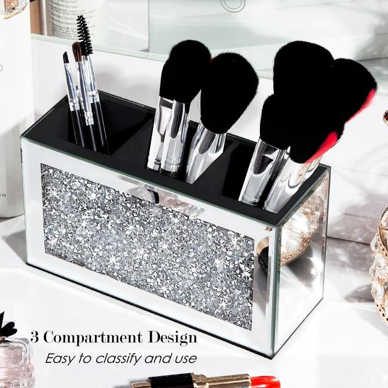 Mirrored Makeup Brush Holder Organizer, 3 Slot Glass Cosmetics Brushes Storage Holders with Crystal Crushed Diamond, Cute Pen and Pencil Holder for Desk, Eyeliners Display Case for Vanity Boxes