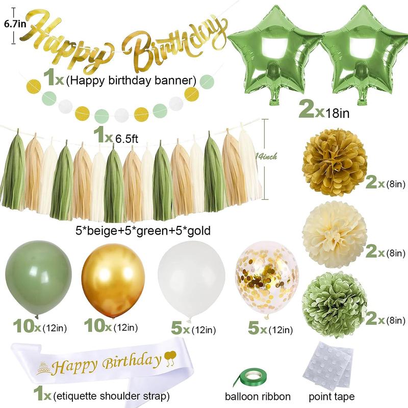 Sage Green Birthday Party Decorations for Women Girls,Olive Green and Gold Birthday Decorations with Circle Dots Garland,Tissue Pompoms,Paper Tassels Garland Birthday Decor