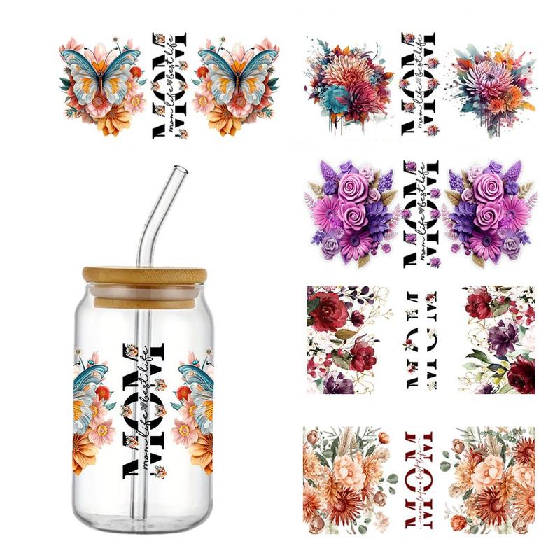 Best Mom Butterfly Design Pattern Cup Wrap Transfer Sticker, 5 Counts set Drinking Wraps Sticker for 16 Oz Libby Glass, Decor Sticker for Coffee Milky Cup Glass Bottle, Summer Gift