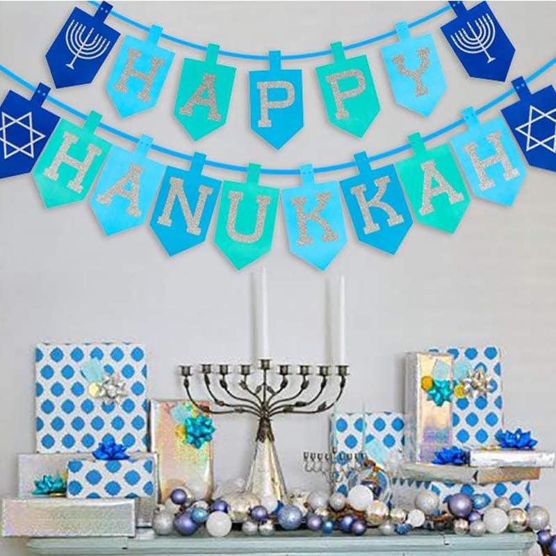 Hanukkah Decorations for Home, Glitter Happy Hanukkah Banner for Party, Blue Chanukah Bunting Ornaments Decor Indoor, Hanukkah Decorations Party