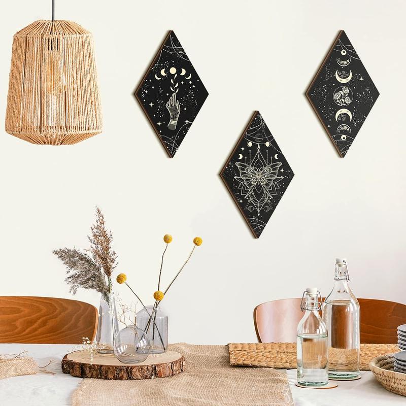 3 Pcs Rustic Boho Wall Decor Moon Phases Butterfly Wall Art Stars Moon Decor Minimalist Room Decor Wooden Gothic Witchy Wall Pediments Hanging Sign for Home (Black, Gold, 6.7 x 11.8 Inch)