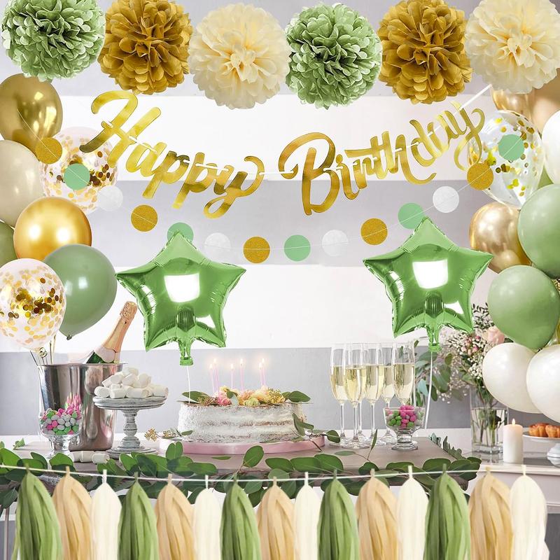 Sage Green Birthday Party Decorations for Women Girls,Olive Green and Gold Birthday Decorations with Circle Dots Garland,Tissue Pompoms,Paper Tassels Garland Birthday Decor