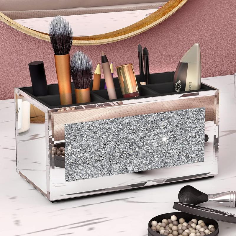 Mirrored Makeup Brush Holder Organizer, 3 Slot Glass Cosmetics Brushes Storage Holders with Crystal Crushed Diamond, Cute Pen and Pencil Holder for Desk, Eyeliners Display Case for Vanity Boxes