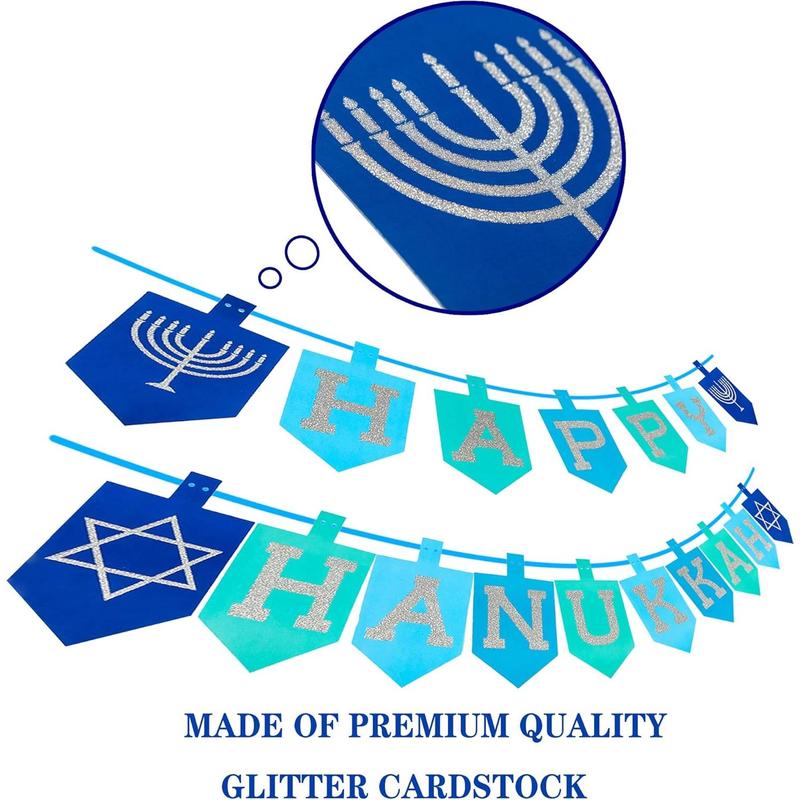 Hanukkah Decorations for Home, Glitter Happy Hanukkah Banner for Party, Blue Chanukah Bunting Ornaments Decor Indoor, Hanukkah Decorations Party