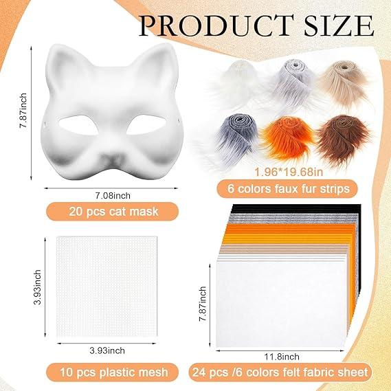 DIY Therian Mask Kit, Blank Cat Mask with Felt Fabric, Plush Faux Fur, Eye Mesh for Therian Gear & Stuff Lightweight Plastic