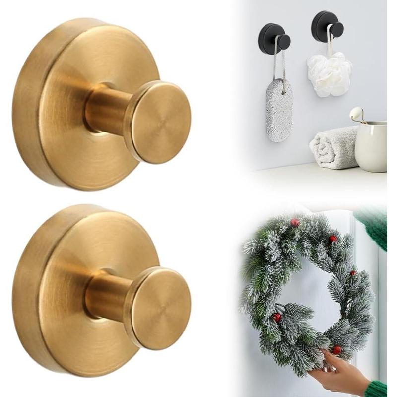 Suction Cup Hooks for Wreaths on Glass, 2025 New No Drill Suction Cup Hooks for Shower Hanging Towels, Suction Cup Wreath Hanger Holder for Glass Window Door Bathroom Mirrors (2, Gold)