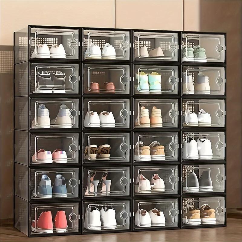 6 12 Thick Foldable Stackable Transparent Shoe Boxes with Lids - Space Saving Storage Organizer for Closet, Bedroom, Foyer, Dormitory - Durable Plastic Container for Sports Shoes, Boots, Heels, and More