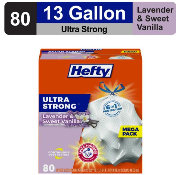 Hefty Ultra Strong 13 gallon Trash Bags, Tall Kitchen Trash Bags, White, Lavender and Sweet Vanilla Scent, 80 Bags