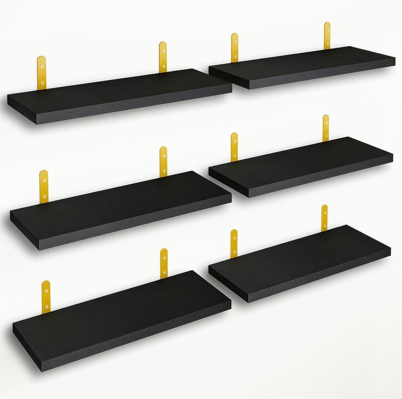 [Welcome-deal] Floating Shelves, Rustic Wood Wall Shelves, Width 4.7 Inches Shelves for Wall Decor, Farmhouse Style for Bedroom, Living Room, Kitchen, Bathroom, Office and Plants, Set of 6(Black Gold)