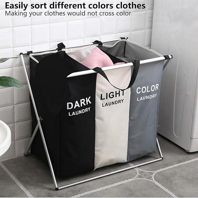 Laundry Cloth Hamper Sorter Basket Bin,Foldable 3 Sections with Aluminum Frame,Washing Storage,Dirty Clothes Bag for Bathroom Bedroom Home,Storage Basket (Black+Gray+White, 3 Liner)