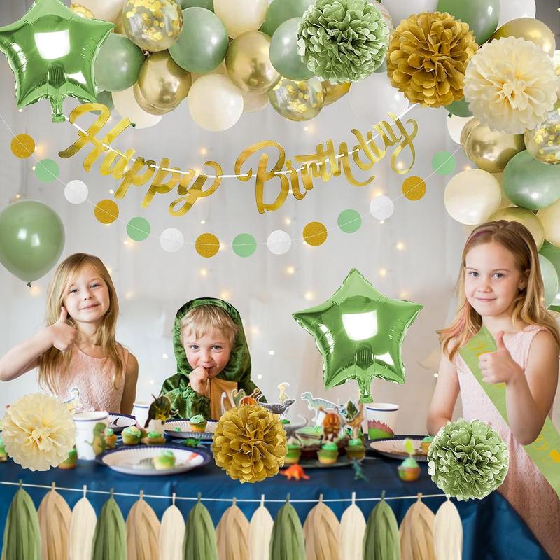 Sage Green Birthday Party Decorations for Women Girls,Olive Green and Gold Birthday Decorations with Circle Dots Garland,Tissue Pompoms,Paper Tassels Garland Birthday Decor