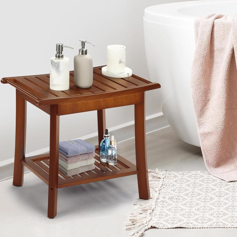 Rengue Teak Shower Bench for Inside 2-Tier Wood Shower Chair with Storage and Towel Rack Waterproof Shower Stool Bathroom Shower Seats 23.7 x 12.9 x 18.4 Inch