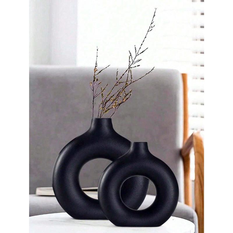 1pc Black Plastic Circular Flower Vase Decoration, Simulated Dry Flower Decoration Vase, Artistic Vase For Floral Arrangements, Simple Fall Living Room Exhibition Hall Decoration,Home Decor,Flower Vase,Centerpiece,Table Decor