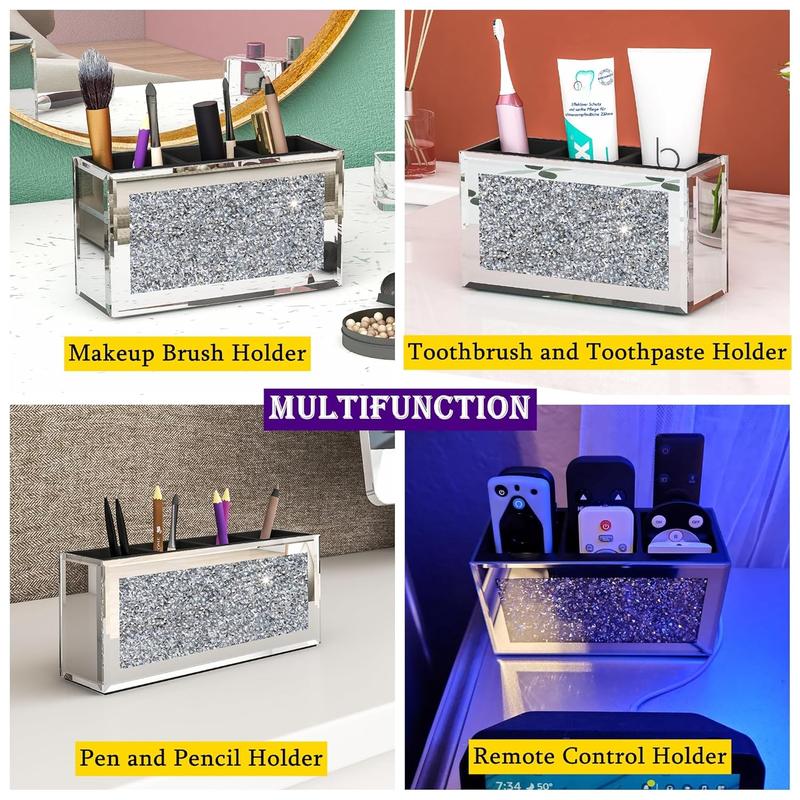 Mirrored Makeup Brush Holder Organizer, 3 Slot Glass Cosmetics Brushes Storage Holders with Crystal Crushed Diamond, Cute Pen and Pencil Holder for Desk, Eyeliners Display Case for Vanity Boxes