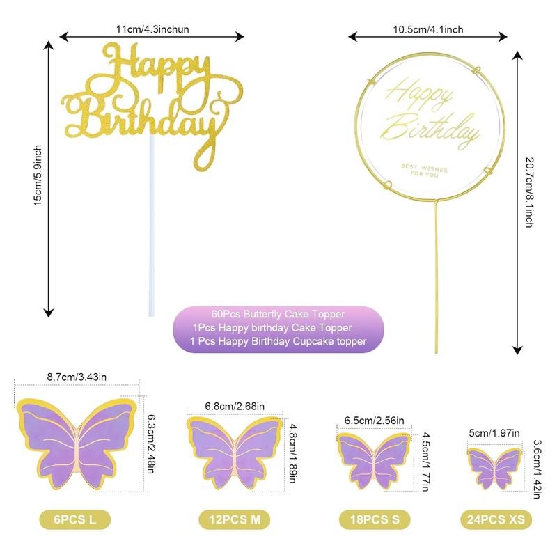 60 count Butterfly Cupcake Topper Purple , Lively 3D Butterflies with 2 count Happy Birthday Topper for Cake Decor Birthday Anniversary  Wed Girl Women Party Wall  Decorations,Mixed Size