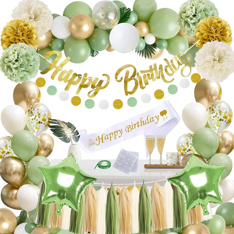 Sage Green Birthday Party Decorations for Women Girls,Olive Green and Gold Birthday Decorations with Circle Dots Garland,Tissue Pompoms,Paper Tassels Garland Birthday Decor