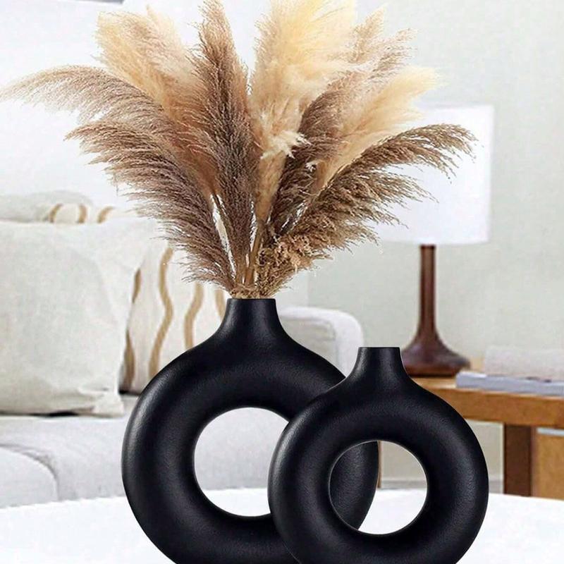 1pc Black Plastic Circular Flower Vase Decoration, Simulated Dry Flower Decoration Vase, Artistic Vase For Floral Arrangements, Simple Fall Living Room Exhibition Hall Decoration,Home Decor,Flower Vase,Centerpiece,Table Decor