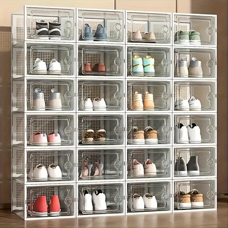 6 12 Thick Foldable Stackable Transparent Shoe Boxes with Lids - Space Saving Storage Organizer for Closet, Bedroom, Foyer, Dormitory - Durable Plastic Container for Sports Shoes, Boots, Heels, and More