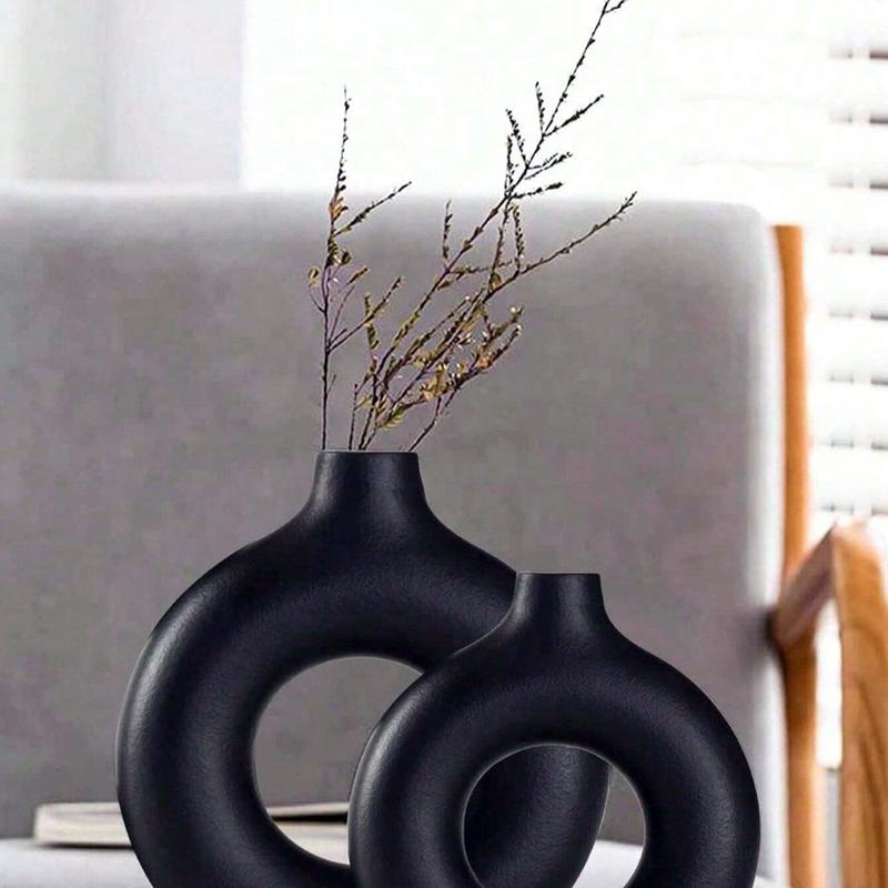 1pc Black Plastic Circular Flower Vase Decoration, Simulated Dry Flower Decoration Vase, Artistic Vase For Floral Arrangements, Simple Fall Living Room Exhibition Hall Decoration,Home Decor,Flower Vase,Centerpiece,Table Decor