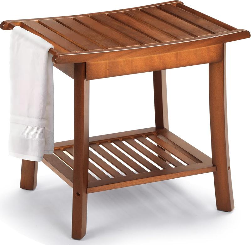 Rengue Teak Shower Bench for Inside 2-Tier Wood Shower Chair with Storage and Towel Rack Waterproof Shower Stool Bathroom Shower Seats 23.7 x 12.9 x 18.4 Inch