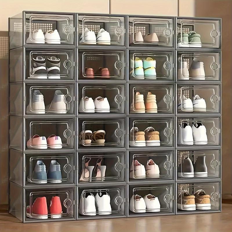 6 12 Thick Foldable Stackable Transparent Shoe Boxes with Lids - Space Saving Storage Organizer for Closet, Bedroom, Foyer, Dormitory - Durable Plastic Container for Sports Shoes, Boots, Heels, and More