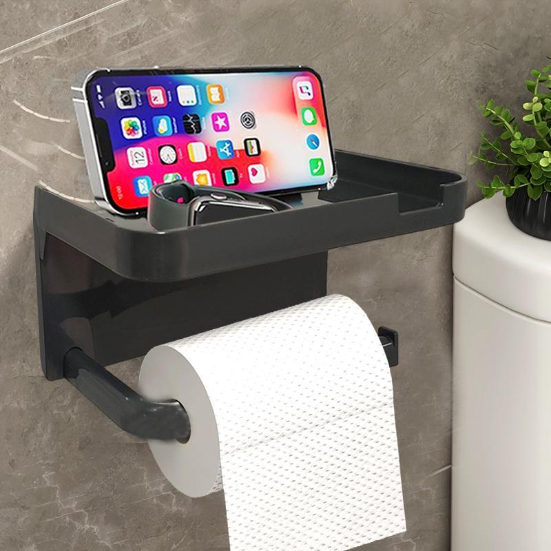 Wall Mounted Toilet Paper Holder & Phone Holder, 1 Count Punch-free Sticky Hook, Summer Essentials, Multifunctional Storage Rack For Bathroom