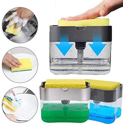 Dalax-Dish Soap Dispenser Detergent Squeezer for Kitchen Sink Dish Washing, Manual Press Liquid Pump & Sponge Holder 2 in1, Innovative Refillable Storage Container Countertop Soap Pump Dispenser Caddy Gift