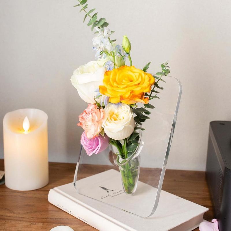 Aesthetic Clear Acrylic Flower Vase with Photo Frame - 8x6 Inch Multi-Functional Vase for Home, Room, Office, and Wedding Centerpieces Decor Ornaments