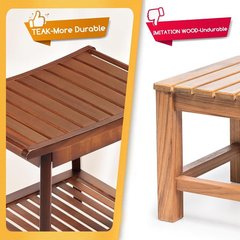 Rengue Teak Shower Bench for Inside 2-Tier Wood Shower Chair with Storage and Towel Rack Waterproof Shower Stool Bathroom Shower Seats 23.7 x 12.9 x 18.4 Inch