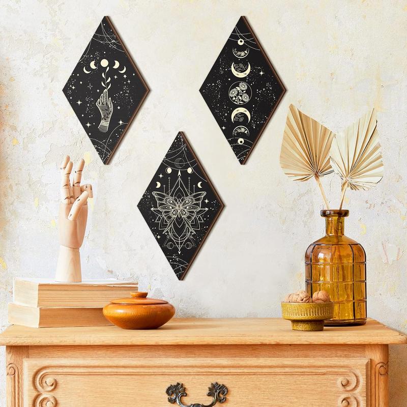 3 Pcs Rustic Boho Wall Decor Moon Phases Butterfly Wall Art Stars Moon Decor Minimalist Room Decor Wooden Gothic Witchy Wall Pediments Hanging Sign for Home (Black, Gold, 6.7 x 11.8 Inch)