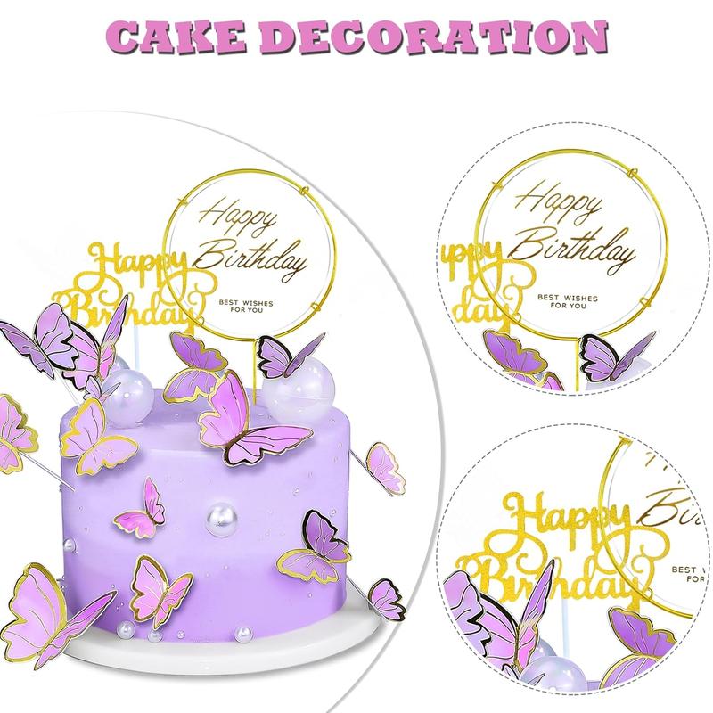 60 count Butterfly Cupcake Topper Purple , Lively 3D Butterflies with 2 count Happy Birthday Topper for Cake Decor Birthday Anniversary  Wed Girl Women Party Wall  Decorations,Mixed Size