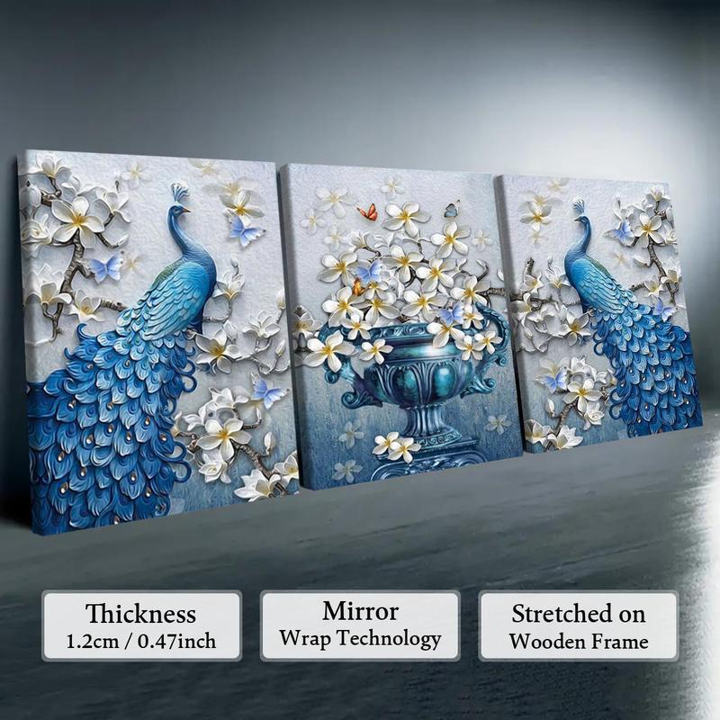 Wooden Framed Canvas Painting, 3 Counts set Peacock Pattern Wall Art, Modern Art, Perfect Living Room Decor, Home Decoration Poster, Room Mural, Office Poster