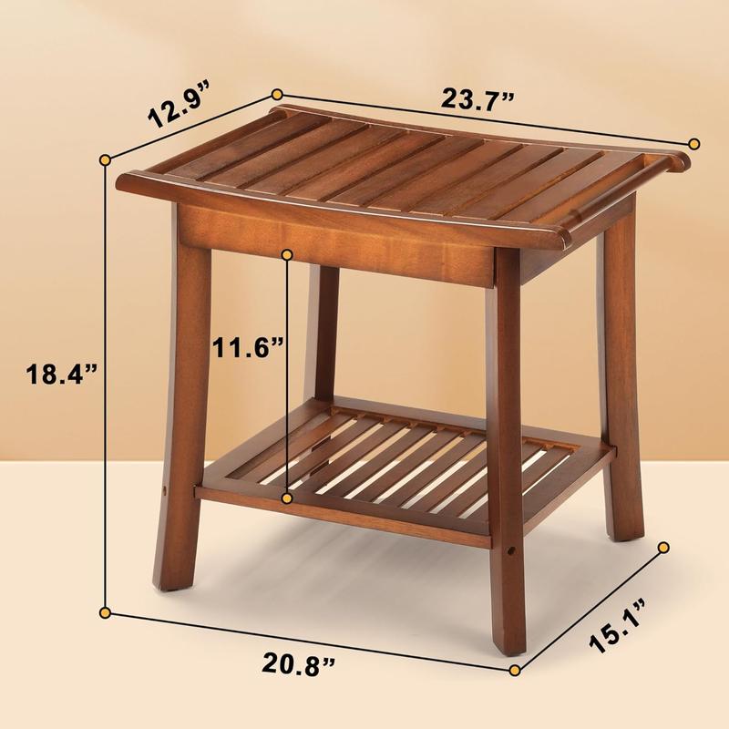 Rengue Teak Shower Bench for Inside 2-Tier Wood Shower Chair with Storage and Towel Rack Waterproof Shower Stool Bathroom Shower Seats 23.7 x 12.9 x 18.4 Inch