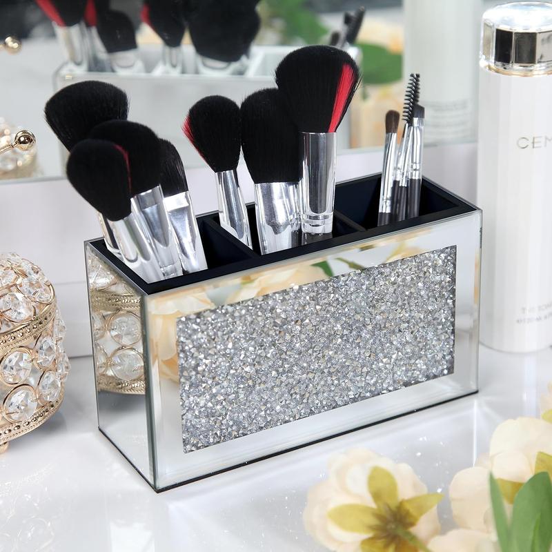 Mirrored Makeup Brush Holder Organizer, 3 Slot Glass Cosmetics Brushes Storage Holders with Crystal Crushed Diamond, Cute Pen and Pencil Holder for Desk, Eyeliners Display Case for Vanity Boxes