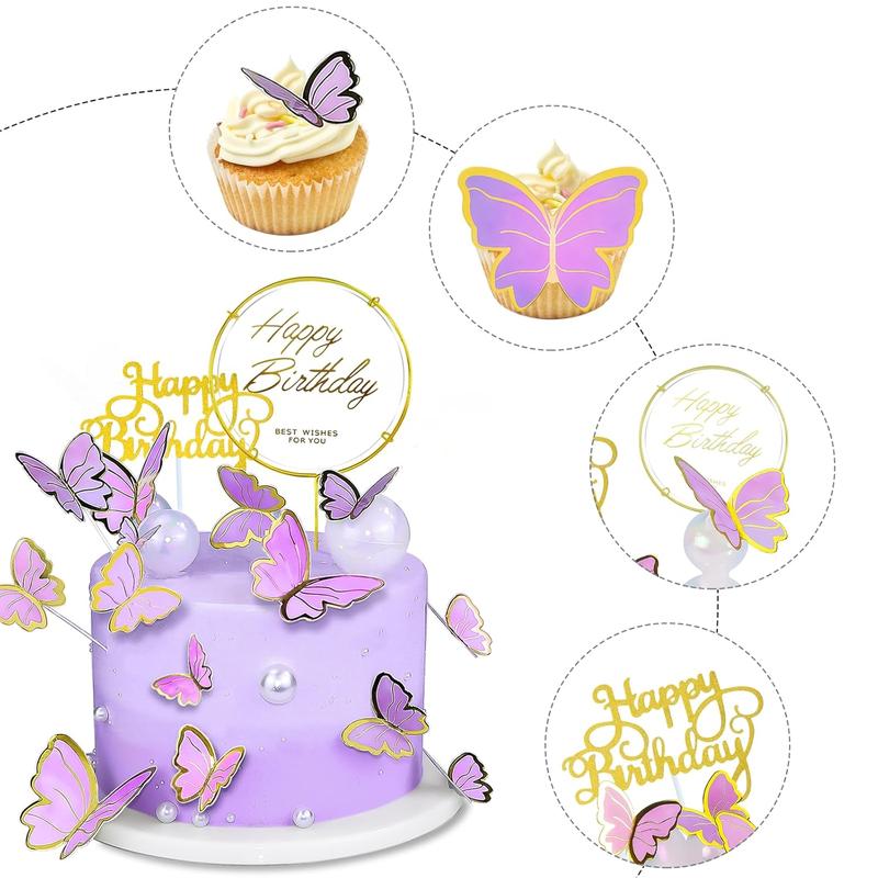 60 count Butterfly Cupcake Topper Purple , Lively 3D Butterflies with 2 count Happy Birthday Topper for Cake Decor Birthday Anniversary  Wed Girl Women Party Wall  Decorations,Mixed Size