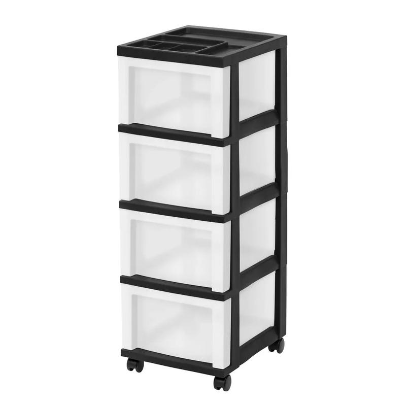 4 Drawer Storage Cart with Organizer Top Black MULTI-PURPOSE DRAWER STORAGE - Store a variety of household items, perfect for office supplies, clothes, crafts, toys, and more.