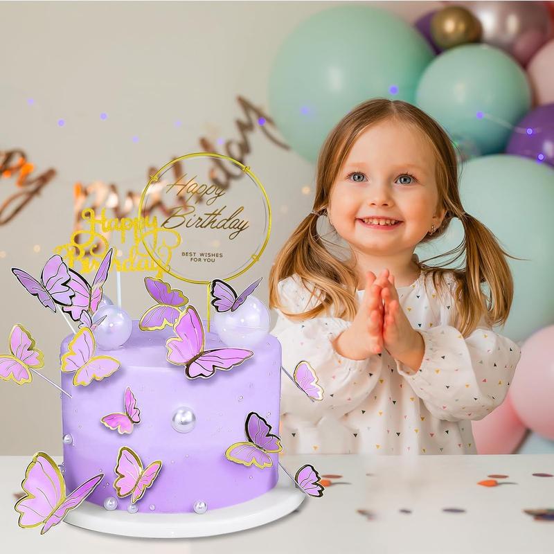 60 count Butterfly Cupcake Topper Purple , Lively 3D Butterflies with 2 count Happy Birthday Topper for Cake Decor Birthday Anniversary  Wed Girl Women Party Wall  Decorations,Mixed Size