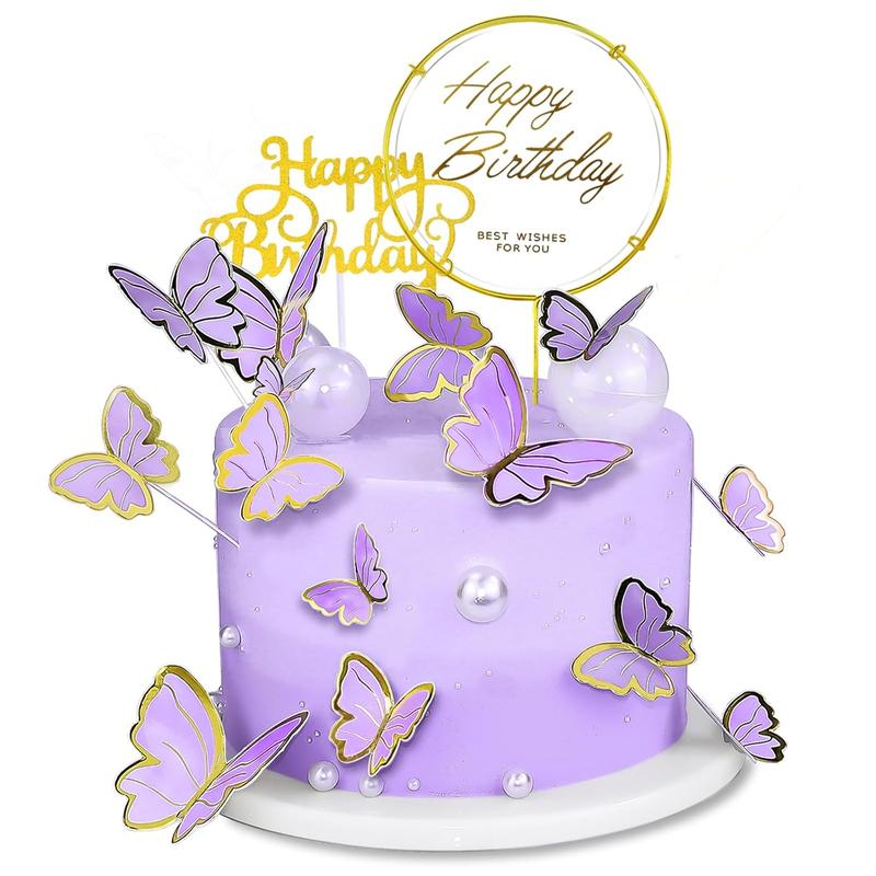 60 count Butterfly Cupcake Topper Purple , Lively 3D Butterflies with 2 count Happy Birthday Topper for Cake Decor Birthday Anniversary  Wed Girl Women Party Wall  Decorations,Mixed Size